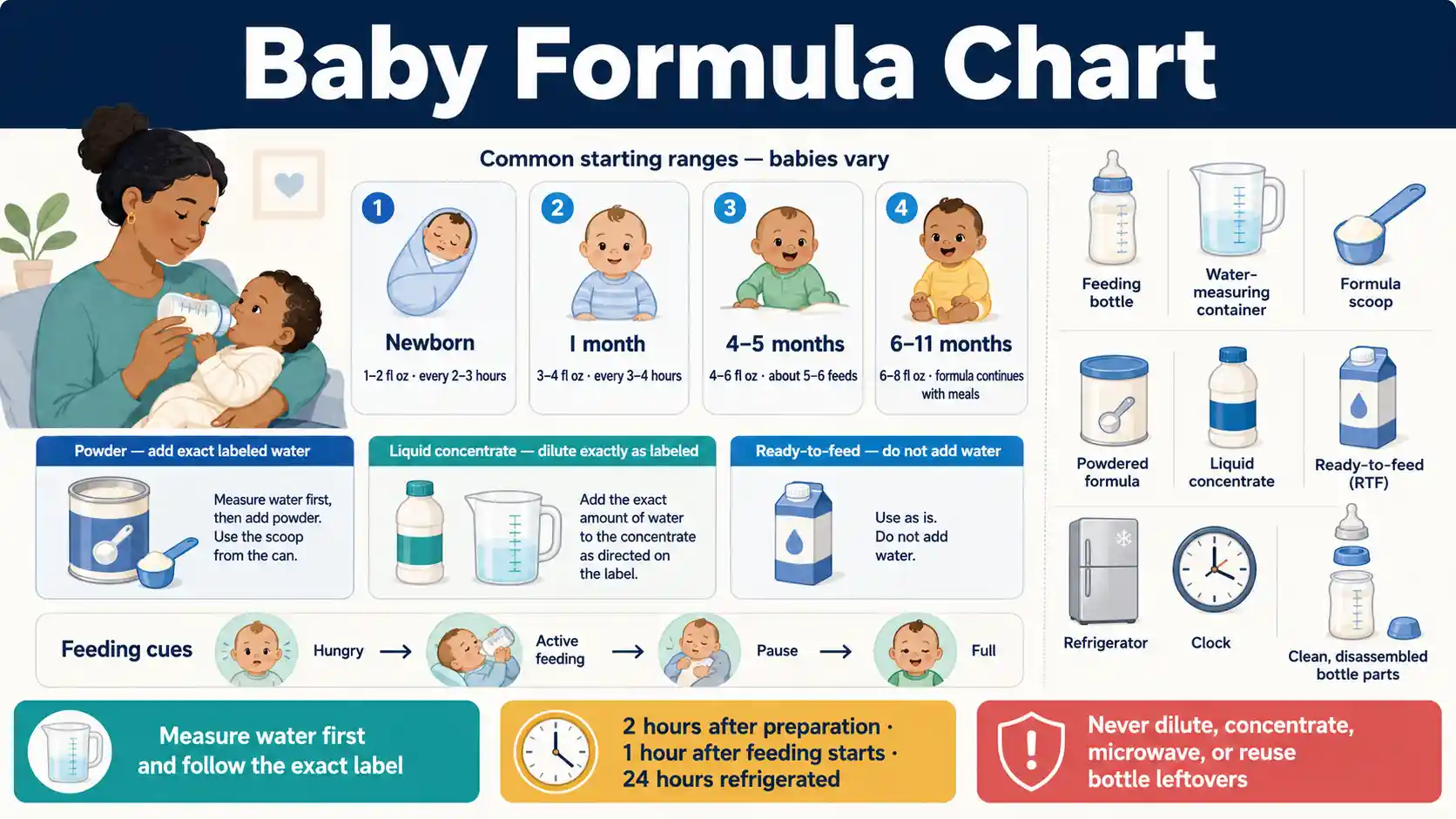 Baby Formula Chart showing age-based formula amounts, feeding frequency, powder, liquid concentrate, ready-to-feed formula, exact mixing, storage limits, bottle cues, and safety