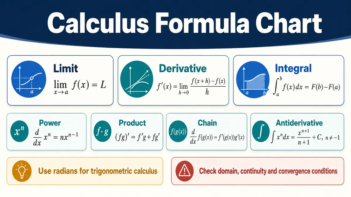 Calculus Formula Chart showing limit laws, derivative rules, integral formulas, series tests, and Taylor expansions