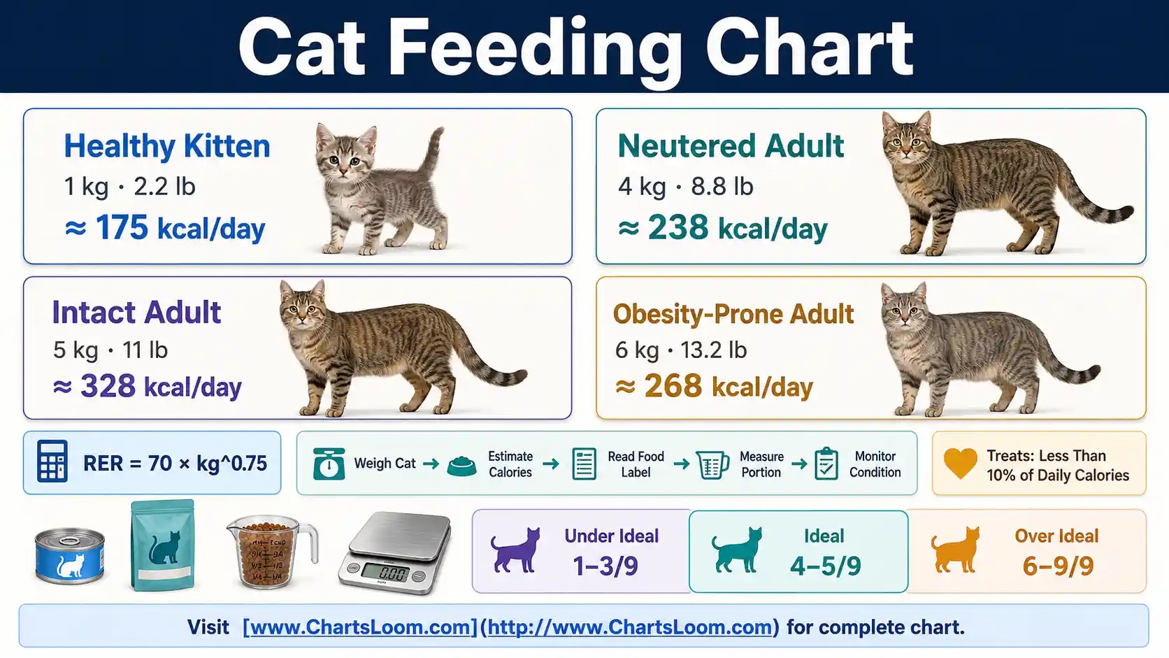 Cat Feeding Chart showing daily calories, food portions, kitten and adult meal patterns, treat allowance and label guidance