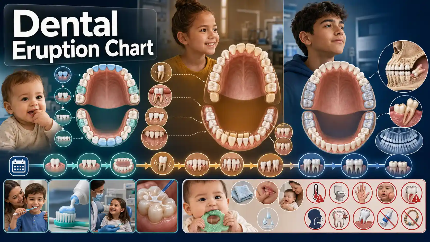 Dental Eruption Chart showing primary and permanent tooth eruption, shedding, mixed dentition, teething guidance, and dental milestones