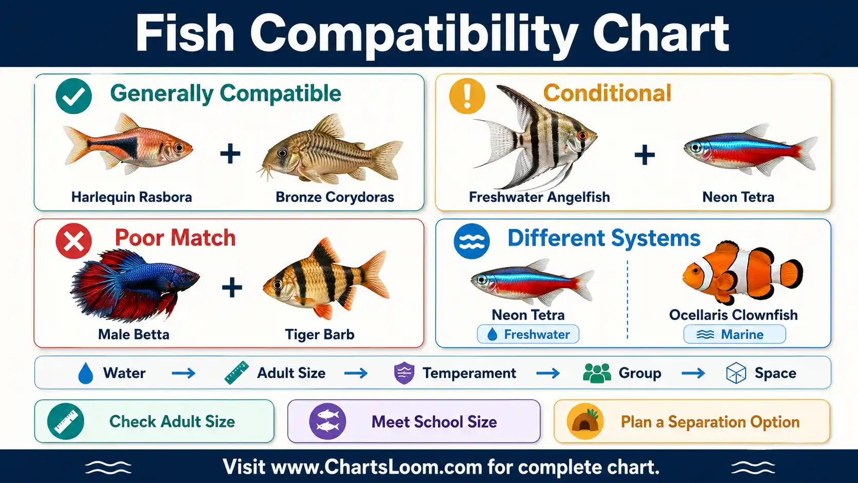 Fish Compatibility Chart showing peaceful, conditional, and poor aquarium pairings with water, size, behavior, and group checks
