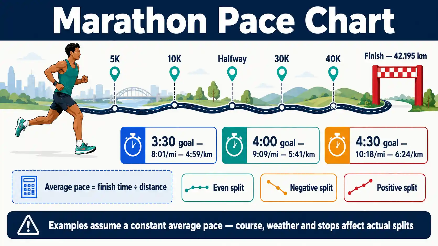 Marathon Pace Chart showing mile pace, kilometre pace, finish-time goals, and cumulative race splits