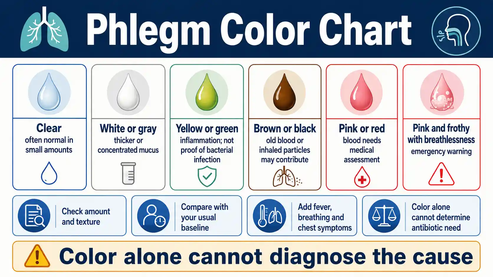 Phlegm Color Chart comparing clear, white, yellow, green, brown, black, gray, pink, and bloody mucus with symptom and care guidance
