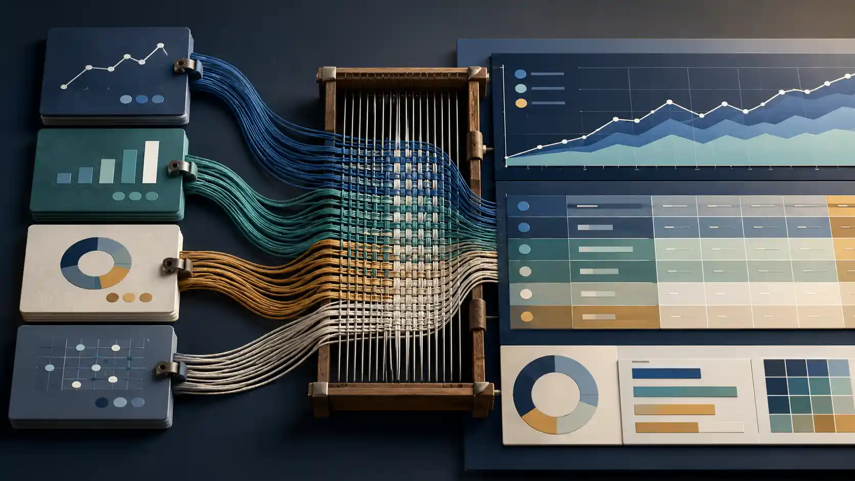 ChartsLoom platform concept weaving charts, tables, explanations, and credible sources into one reference page