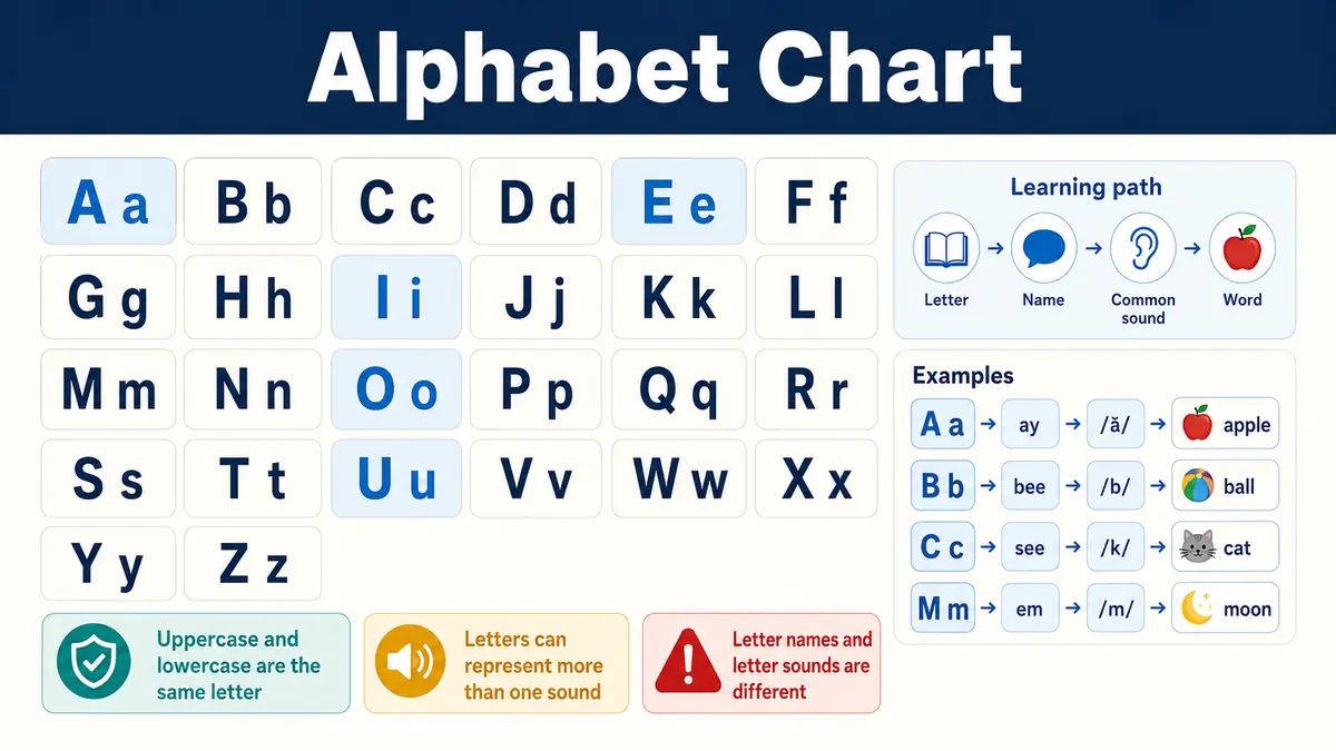Alphabet Chart showing uppercase and lowercase A to Z, vowel letters, alphabet positions, common sound cues, and example words