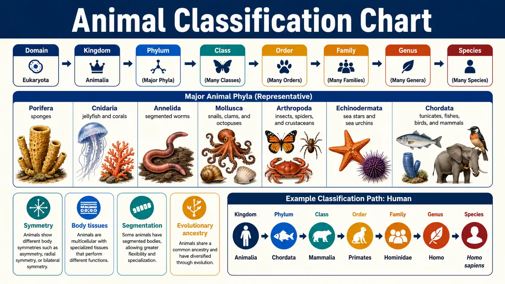 Animal Classification Chart showing taxonomic ranks, major animal phyla, body-plan traits, and example species