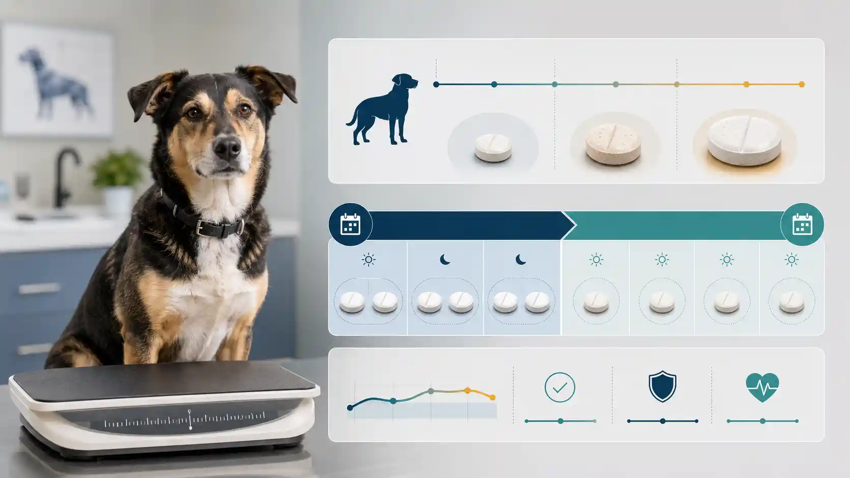 Apoquel dosing chart for dogs showing weight ranges, tablet strengths, and the twice-daily to once-daily treatment schedule