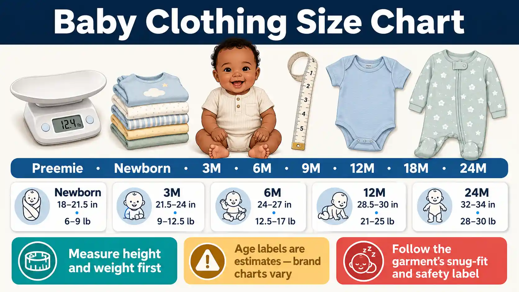 Baby Clothing Size Chart comparing preemie, newborn, 3M, 6M, 9M, 12M, 18M and 24M clothing by baby length, weight, chest, fit and sleepwear safety