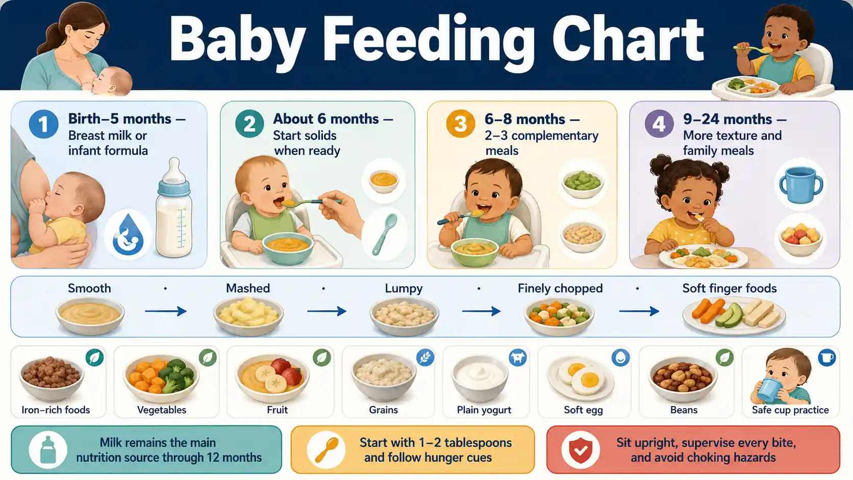 Baby Feeding Chart from birth to 24 months showing milk feeds, solid-food readiness, texture stages, meal frequency, hunger cues, cup practice, and choking prevention
