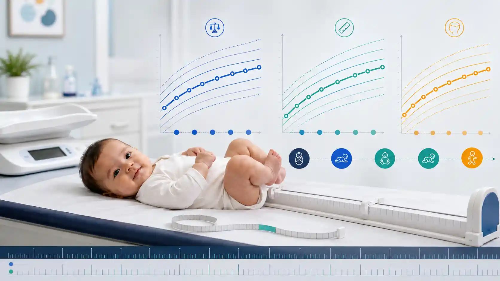 Baby growth percentile chart showing weight, recumbent length, head circumference, age milestones, and percentile curves from birth to 24 months