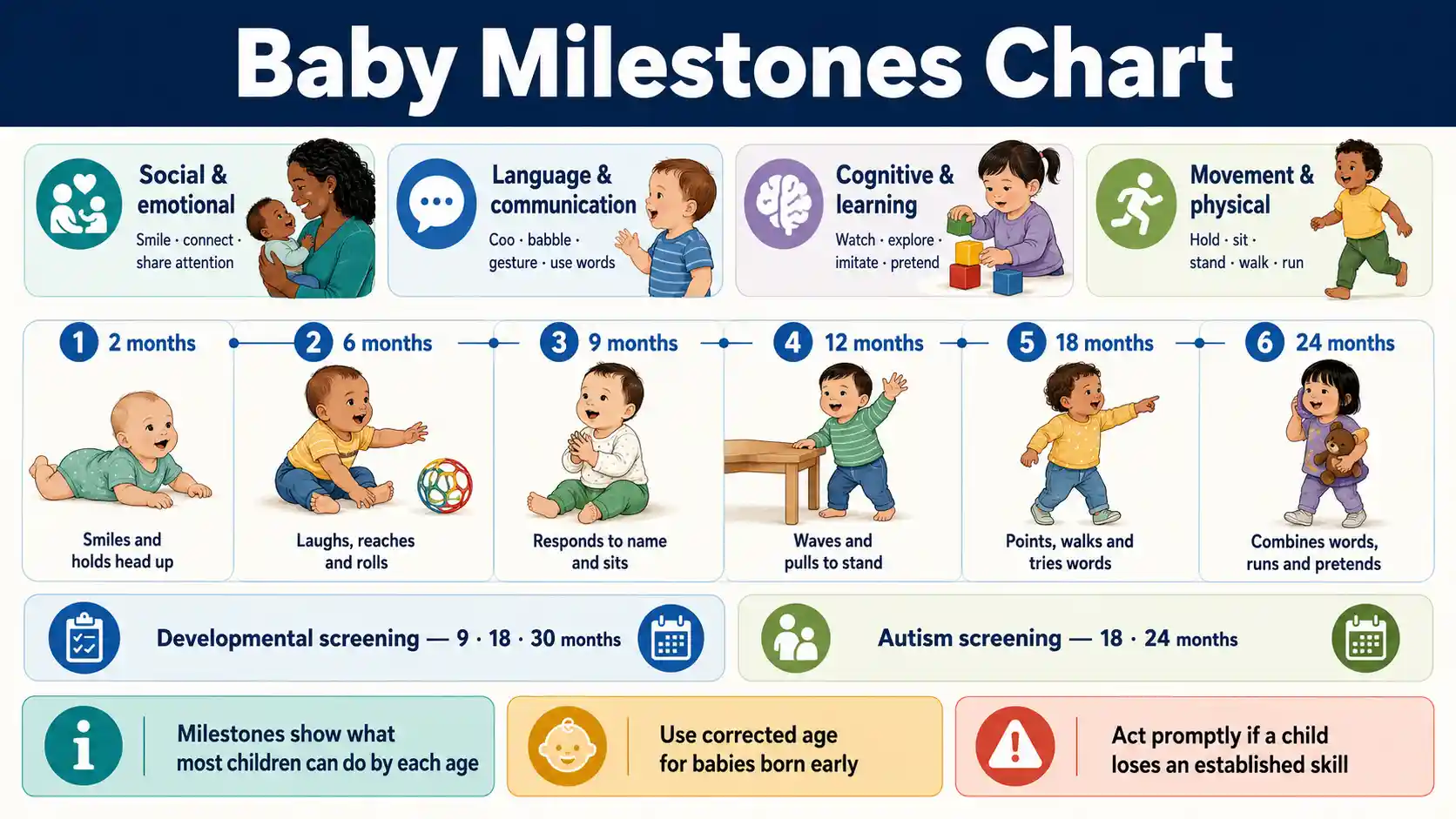 Baby Milestones Chart showing social, communication, cognitive, and movement skills from 2 to 24 months with screening and warning guidance