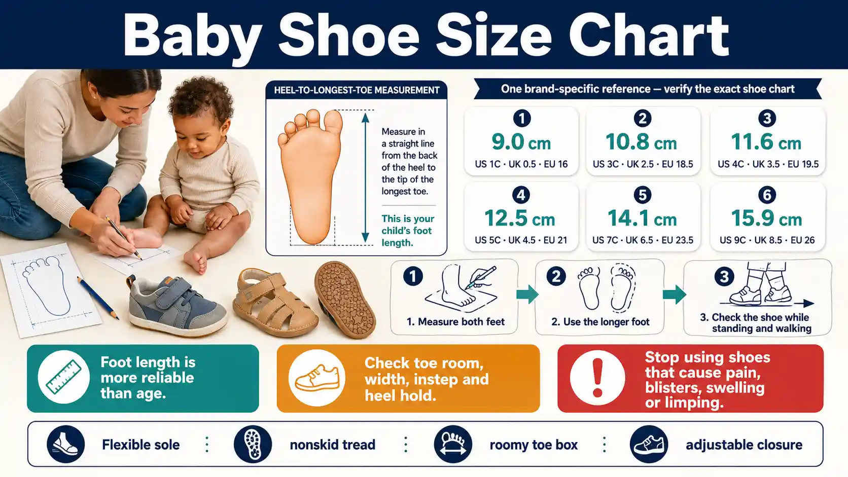 Baby Shoe Size Chart showing heel-to-toe measurement, US, UK and EU sizes, first-walker shoe features, and toe-room checks