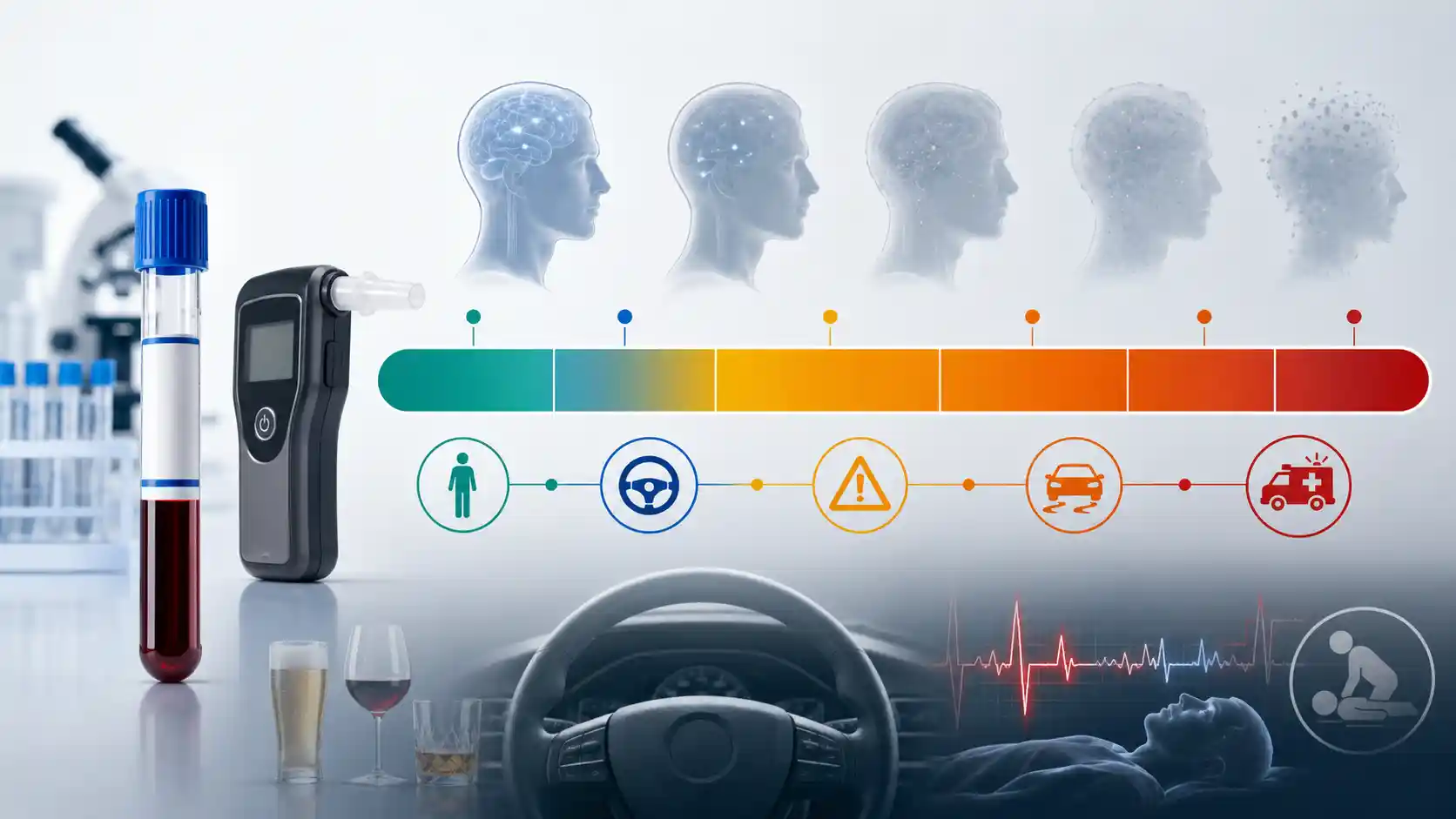 Blood alcohol concentration chart showing BAC levels, impairment risk, driving thresholds, test units, and emergency warning signs