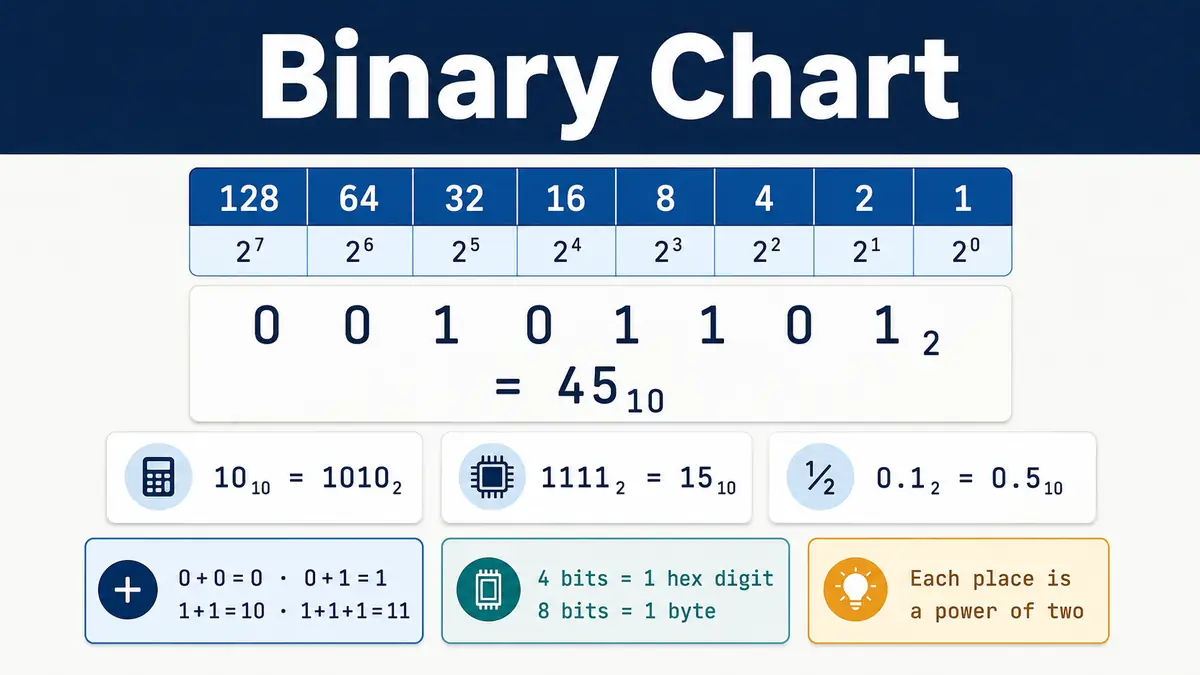 Binary Chart showing base-two place values, decimal and hexadecimal conversions, arithmetic rules, signed ranges, bits and bytes