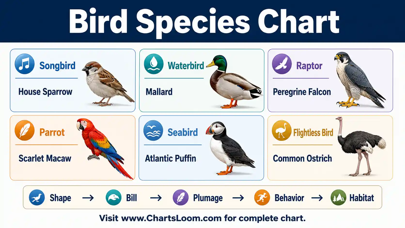 Bird Species Chart comparing songbirds, waterbirds, raptors, parrots, seabirds, and flightless birds by taxonomy, shape, habitat, and traits