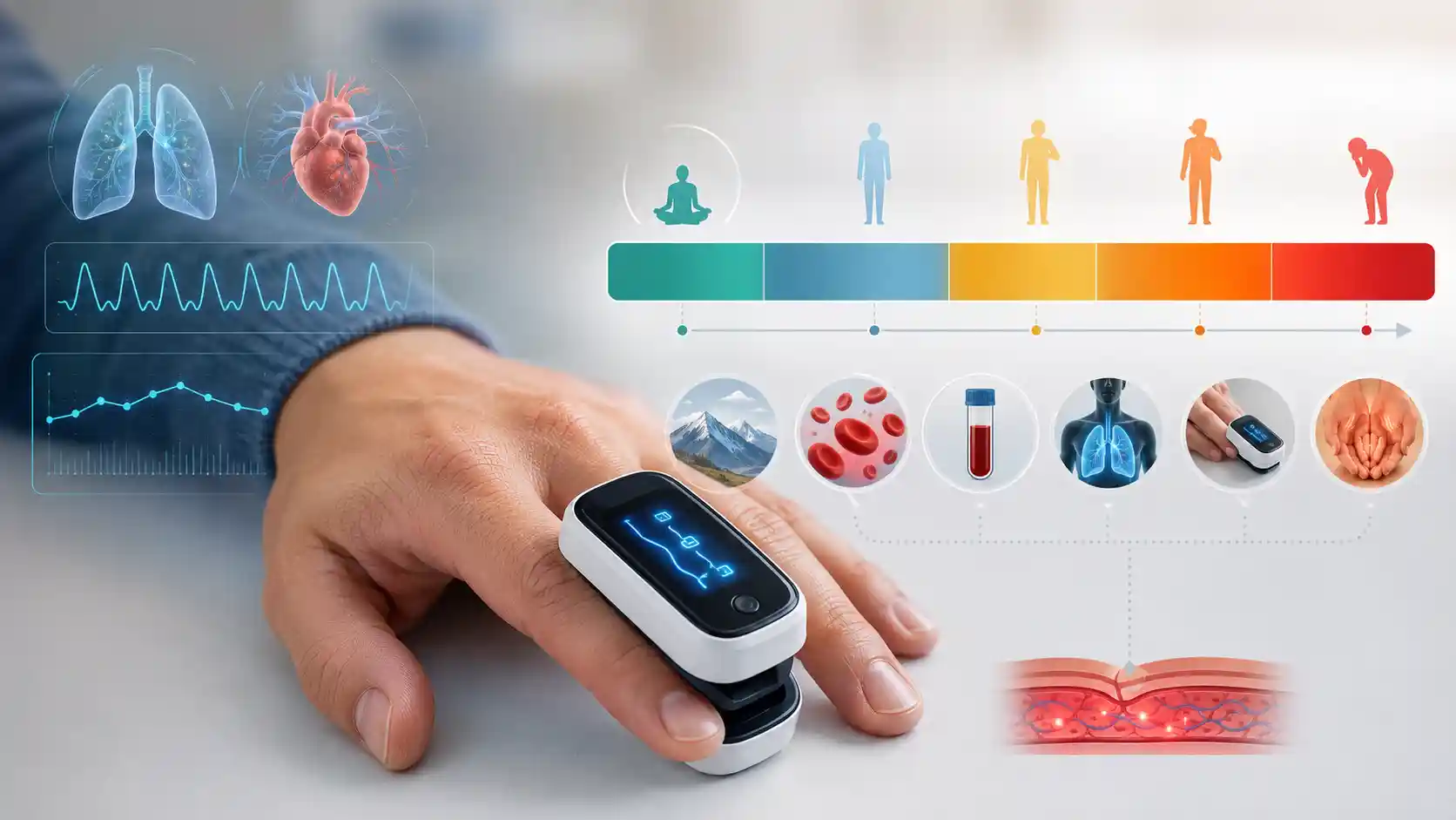 Blood oxygen level chart showing a fingertip pulse oximeter, SpO2 ranges, oxygen-saturation trends, breathing symptoms, and emergency thresholds
