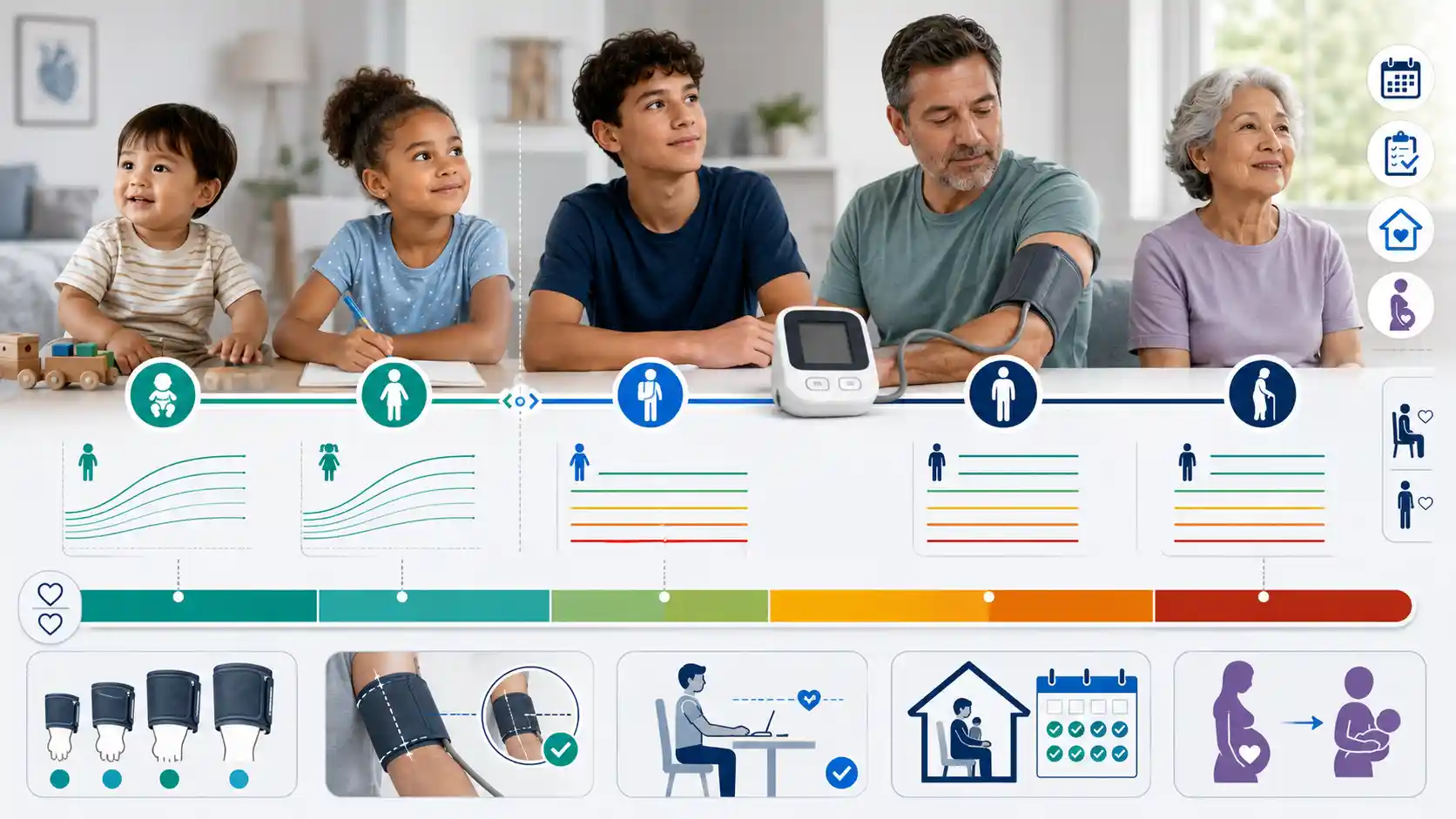 Blood pressure by age chart showing pediatric screening, teen and adult categories, older-adult monitoring, and an upper-arm blood pressure cuff