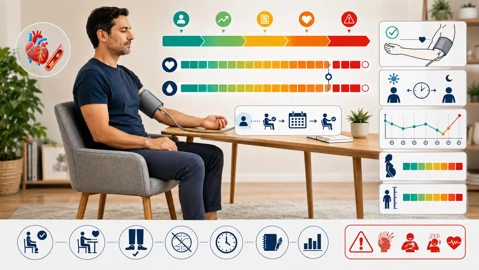 Blood pressure chart showing an upper-arm cuff, systolic and diastolic readings, adult pressure ranges, home monitoring, and emergency thresholds