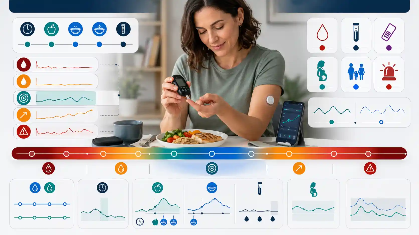 Blood sugar levels chart showing a glucose meter, finger-stick testing, CGM trend, fasting and after-meal ranges, and low and high glucose zones