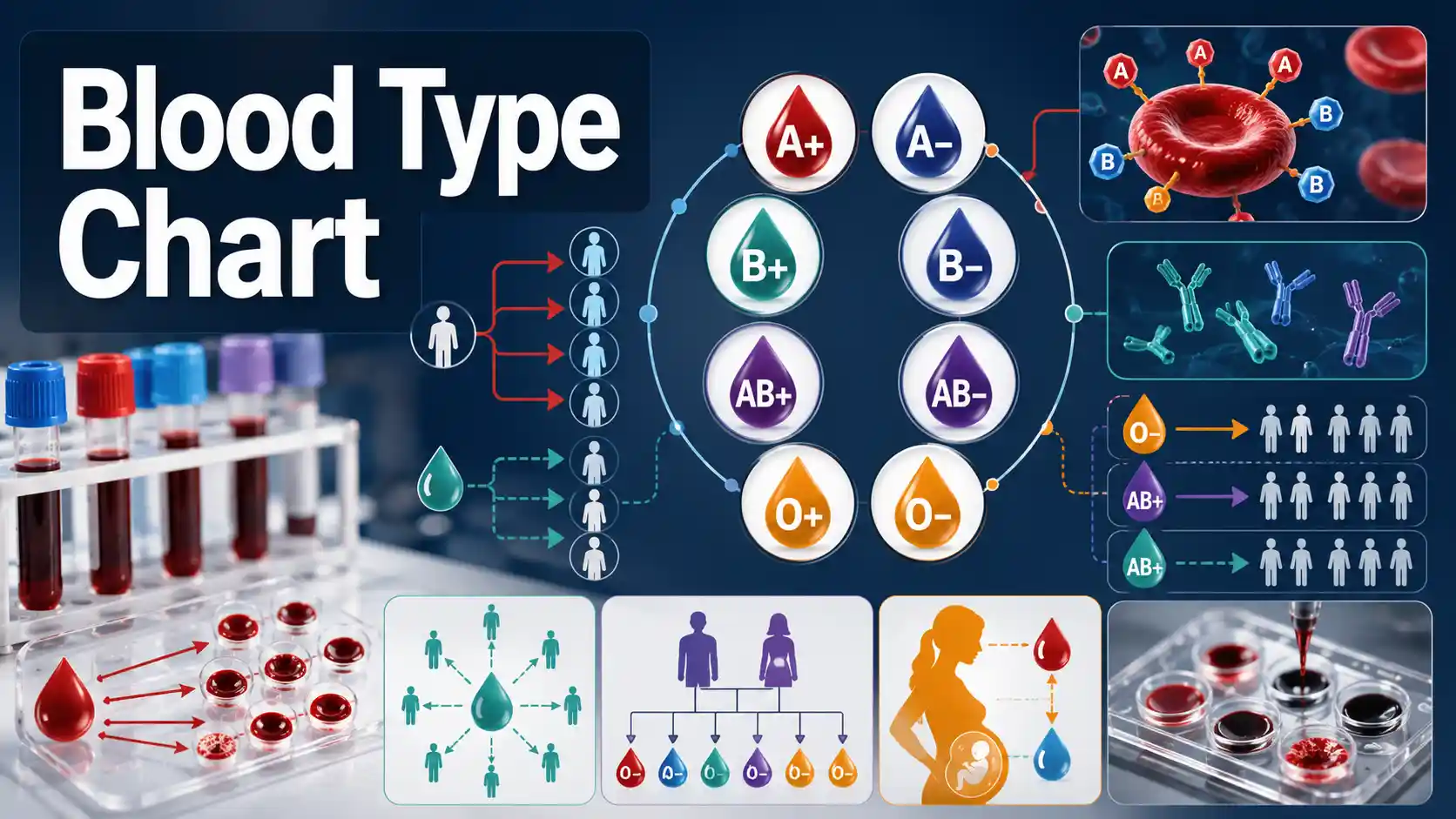 Blood Type Chart hero image showing ABO groups, donor and recipient compatibility, Rh factor, and inheritance.