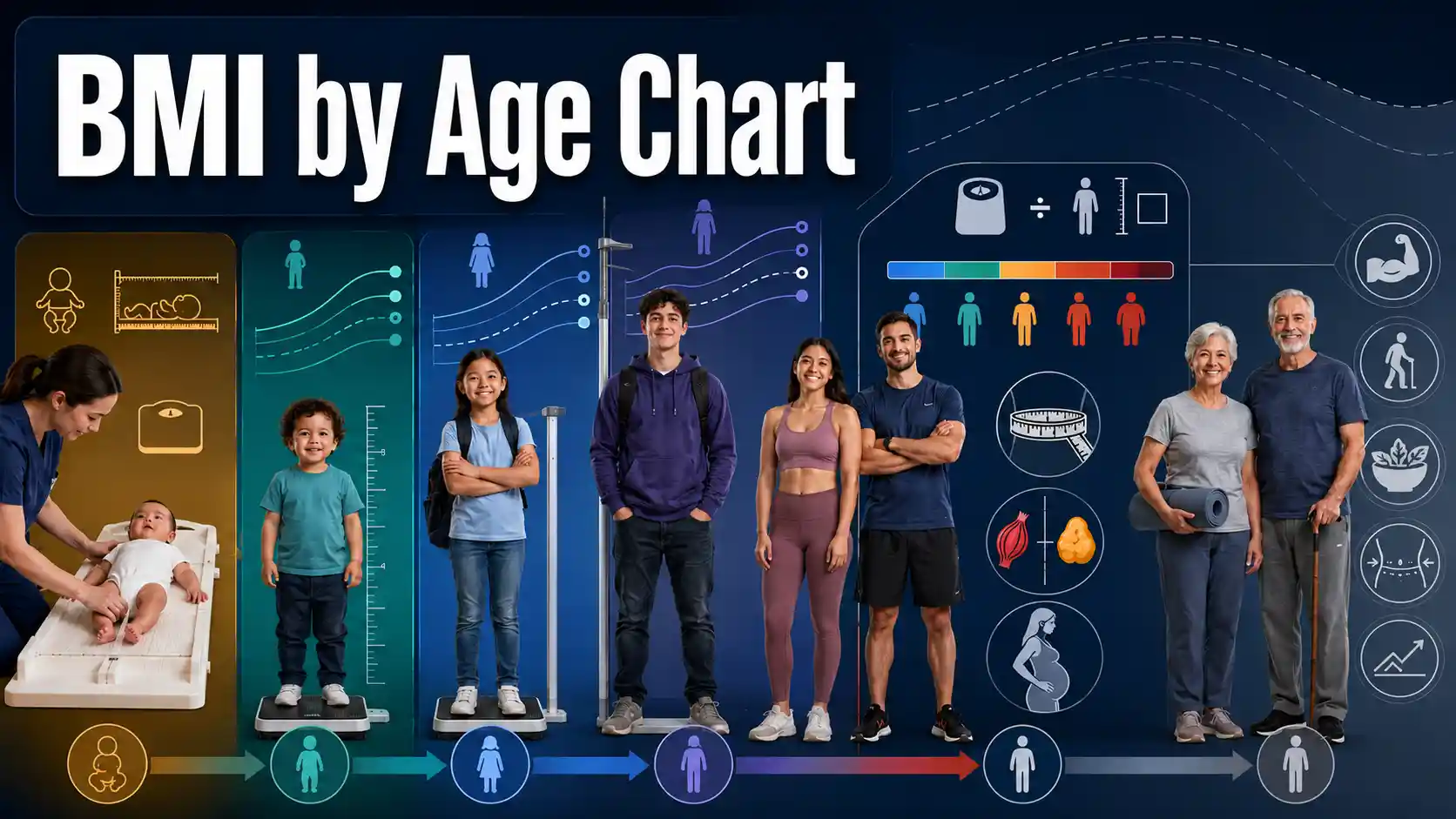 BMI by Age Chart showing infant weight-for-length, child BMI percentiles, adult ranges, older-adult context, height, weight, and a calculator