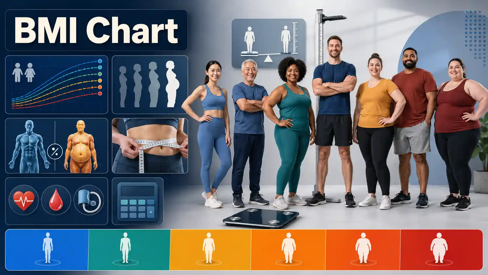 BMI Chart hero image showing body mass index ranges, a scale, height and weight measurements, waist context, and a calculator.