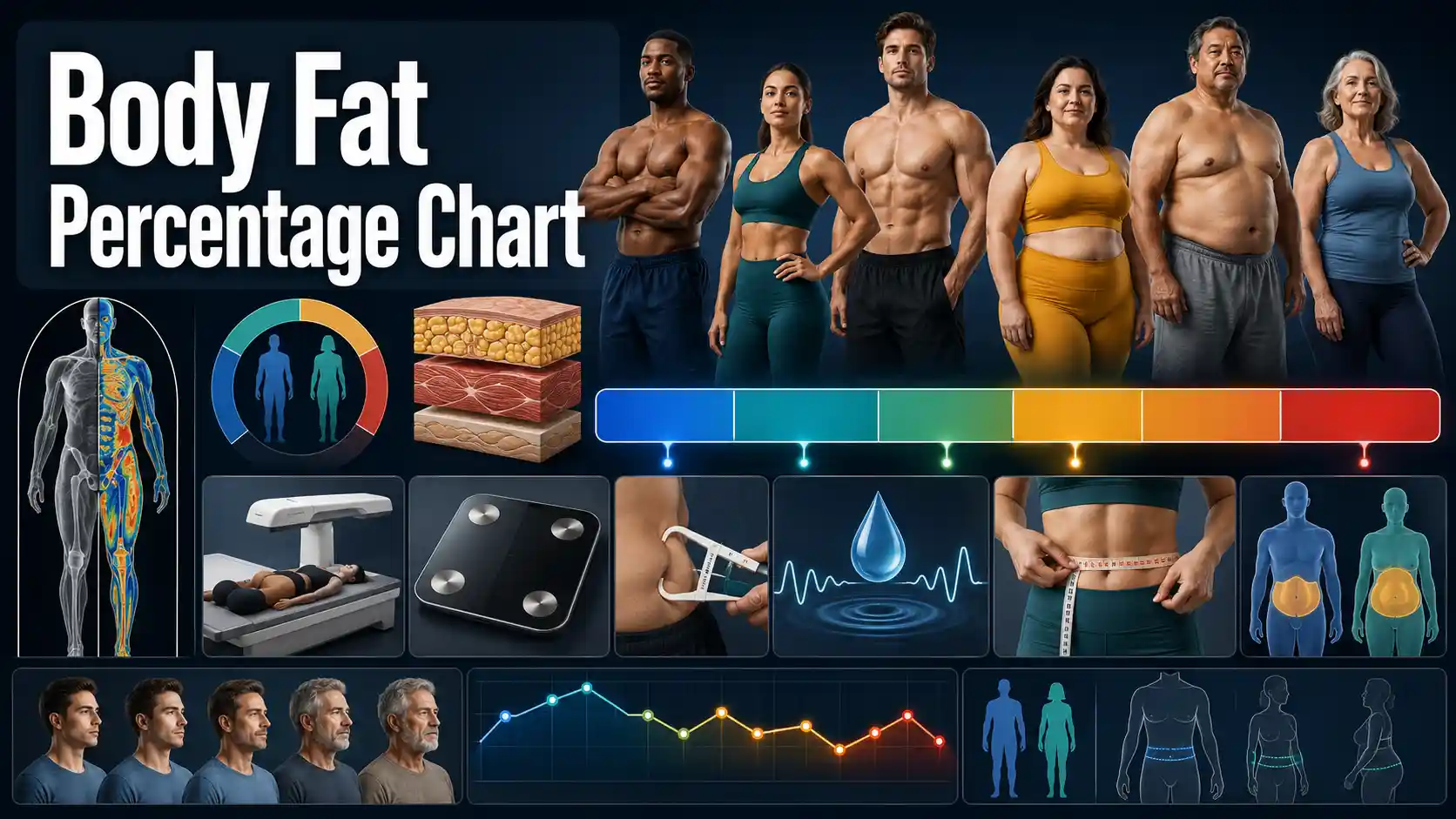 Body Fat Percentage Chart showing adult reference ranges, age and sex context, fat mass, lean mass, measurement methods, and tracking guidance