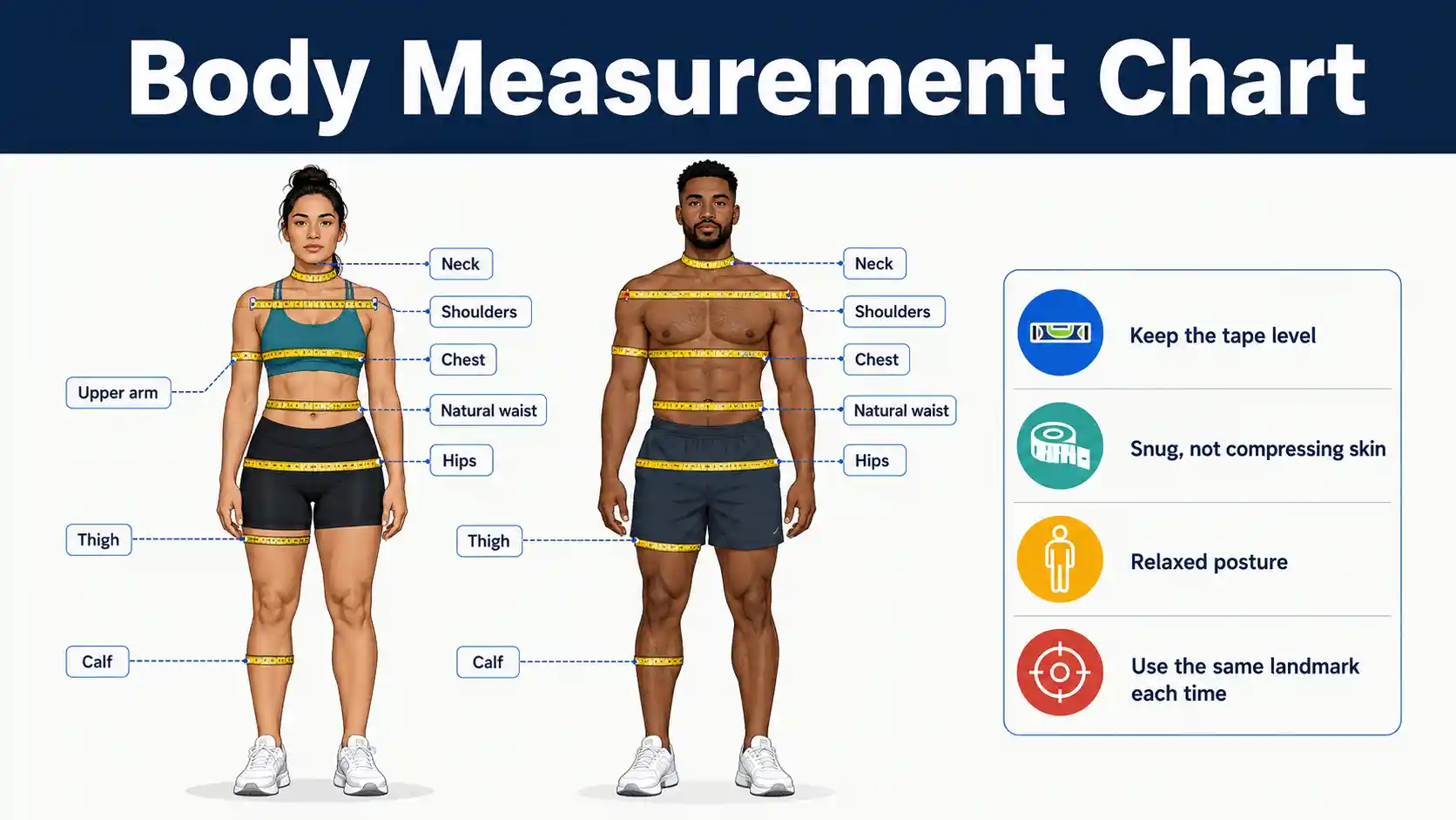 Body Measurement Chart showing tape positions for neck, shoulders, chest, waist, hips, arms, thighs and calves