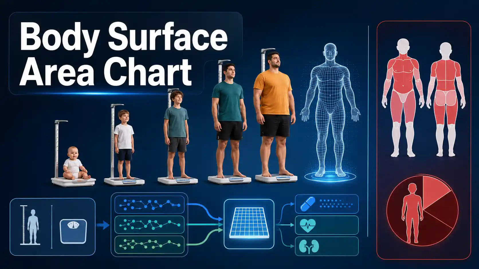 Body Surface Area Chart showing height, weight, BSA formulas, square-metre estimates, dose calculations, indexed clinical values, and burn TBSA distinctions