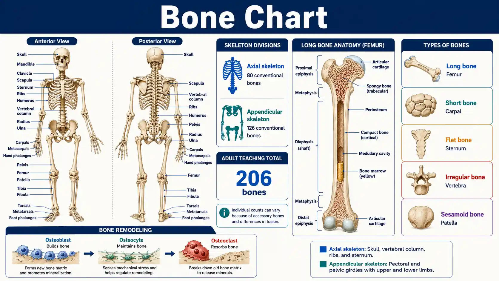 Bone Chart showing major human bones, axial and appendicular skeleton divisions, and long-bone anatomy