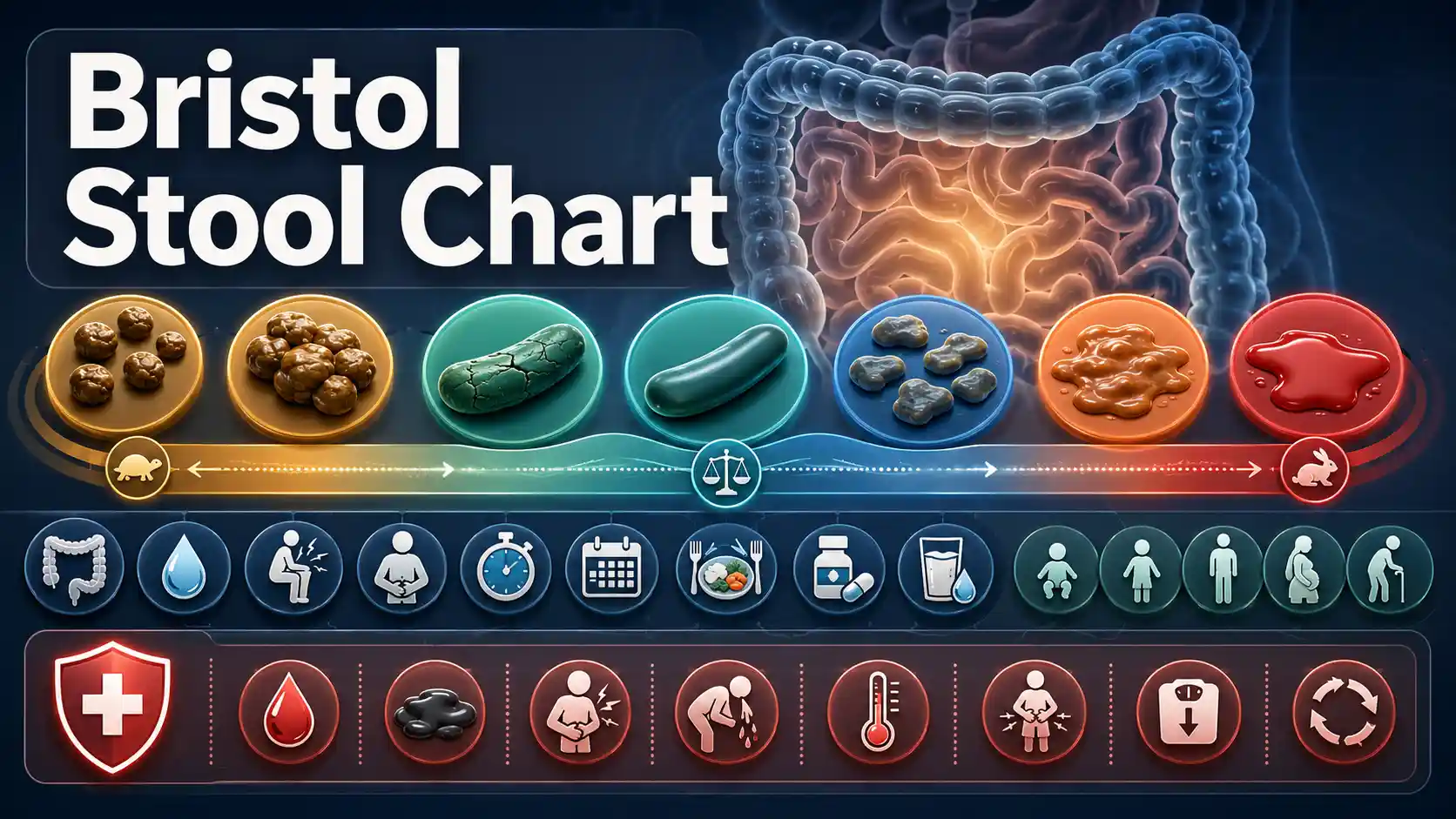 Bristol Stool Chart showing types 1 through 7, hard and loose stool patterns, bowel diary context, constipation and diarrhea guidance, and warning signs