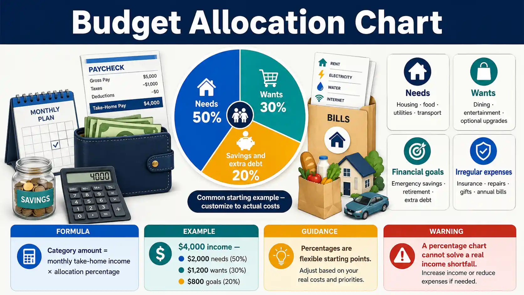 Budget Allocation Chart showing needs, wants, savings, debt payments, and irregular expense reserves as parts of monthly take-home income