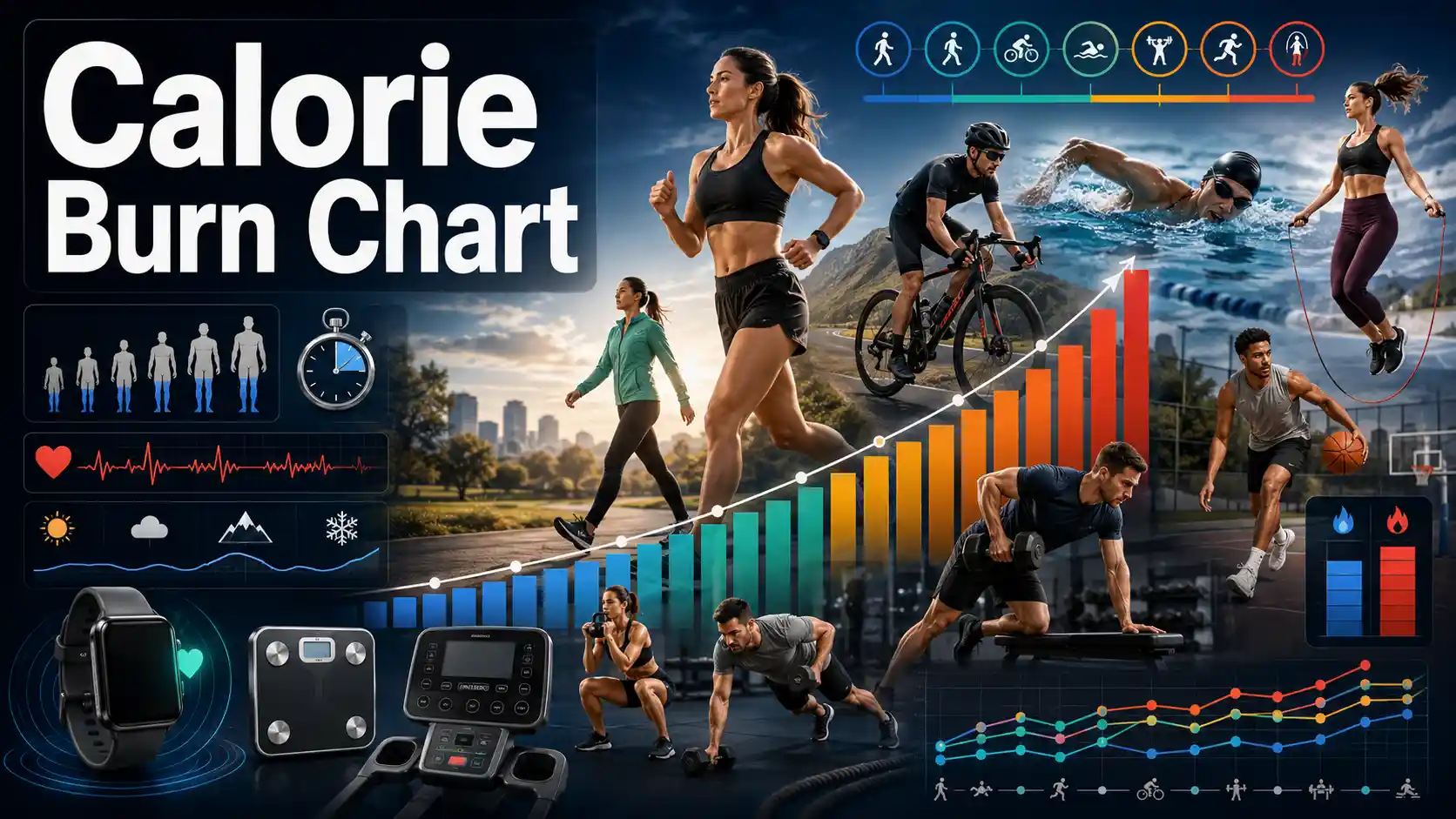 Calorie Burn Chart comparing estimated calories by activity, body weight, duration, MET intensity, and exercise type