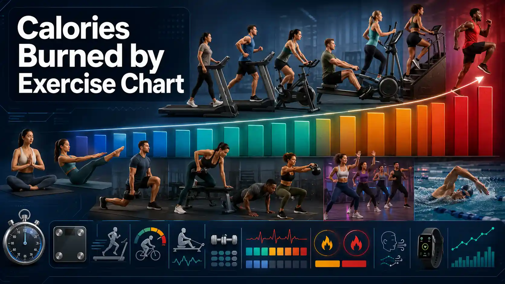 Calories Burned by Exercise Chart comparing cardio machines, strength training, exercise classes, intervals, body weight, duration, and MET intensity