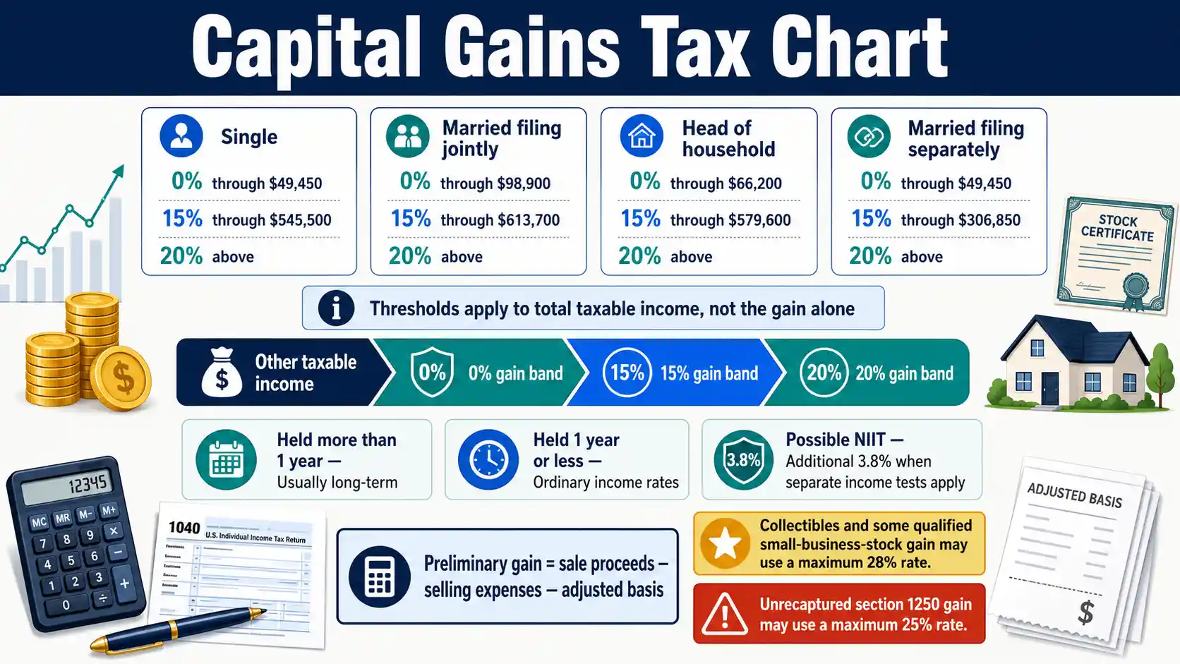 Capital Gains Tax Chart showing 2026 federal long-term capital gains brackets, short-term tax treatment, adjusted basis, and NIIT thresholds