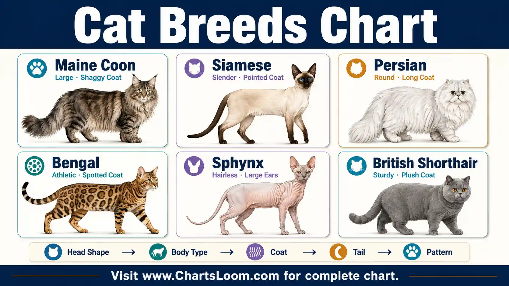 Cat Breeds Chart comparing Maine Coon, Siamese, Persian, Bengal and other breeds by coat, size, body type and distinctive traits