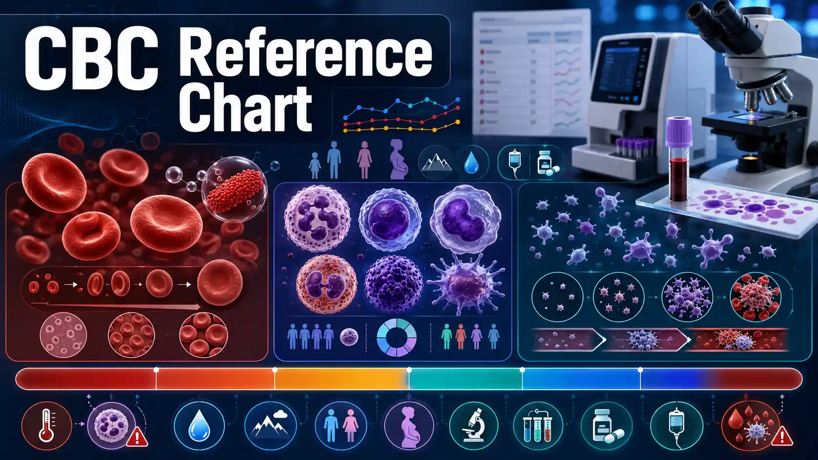CBC Reference Chart showing red blood cells, white blood cells, platelets, hemoglobin, hematocrit, red cell indices, and differential counts