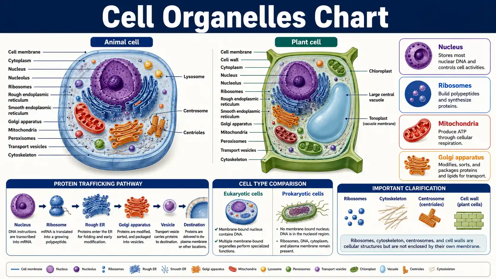 Cell Organelles Chart showing animal and plant cells with labeled nucleus, ribosomes, ER, Golgi, mitochondria, lysosomes, chloroplasts, vacuole, and cytoskeleton