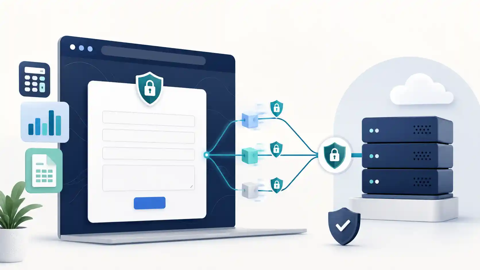 ChartsLoom privacy policy illustration showing protected contact data, browser processing, and secure site services