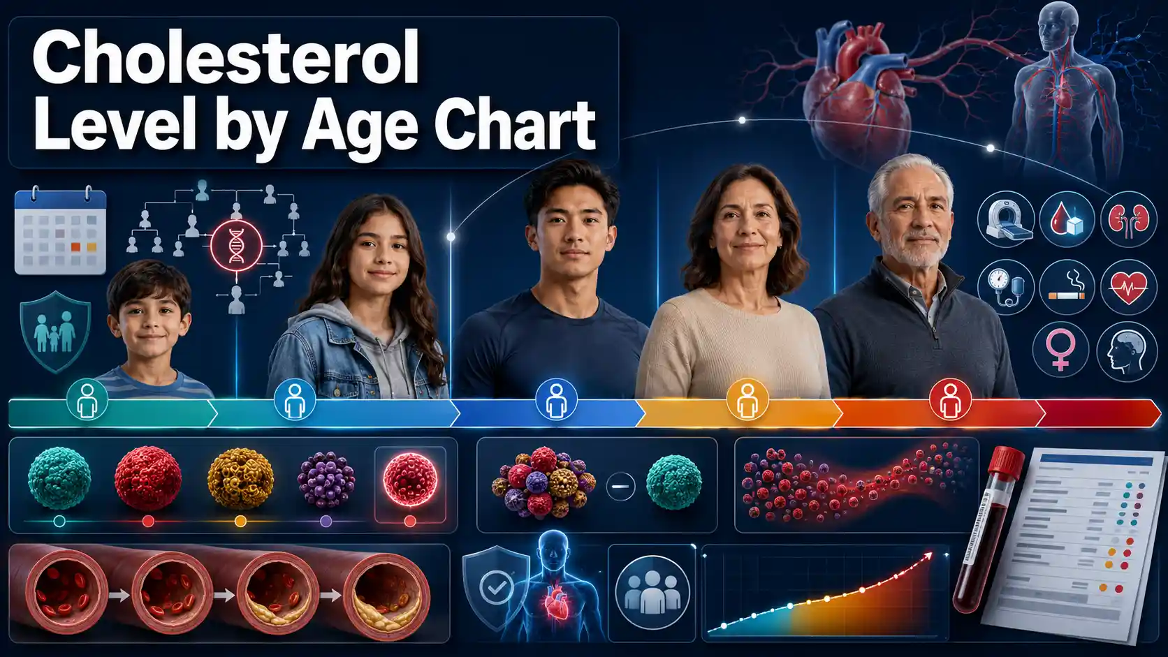 Cholesterol Level by Age Chart showing child and adult lipid ranges, LDL goals, HDL, triglycerides, screening ages, and cardiovascular risk