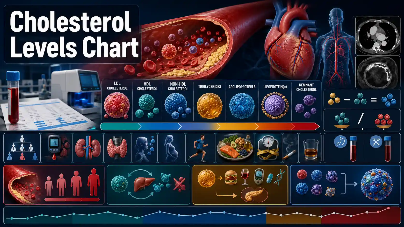 Cholesterol Levels Chart showing total cholesterol, LDL, HDL, non-HDL, triglycerides, lipid testing, and cardiovascular risk context