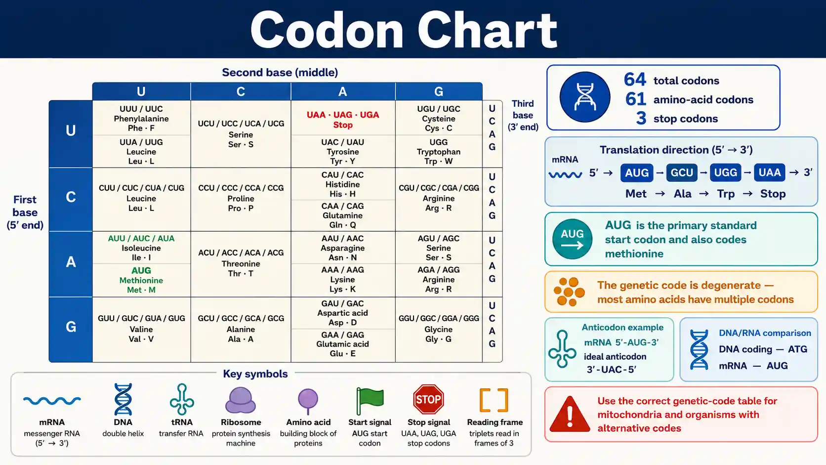 Codon Chart showing RNA triplets, amino-acid assignments, start and stop codons, and translation direction