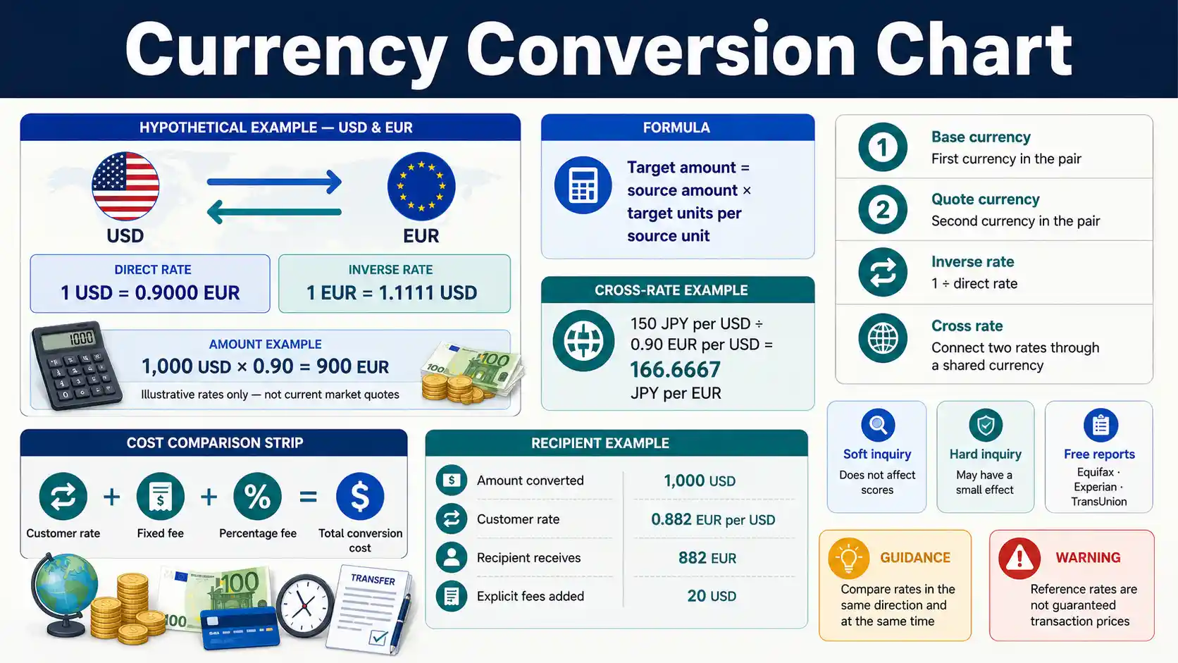 Currency Conversion Chart showing direct and inverse exchange rates, conversion formulas, fees, rate spreads, and recipient amounts