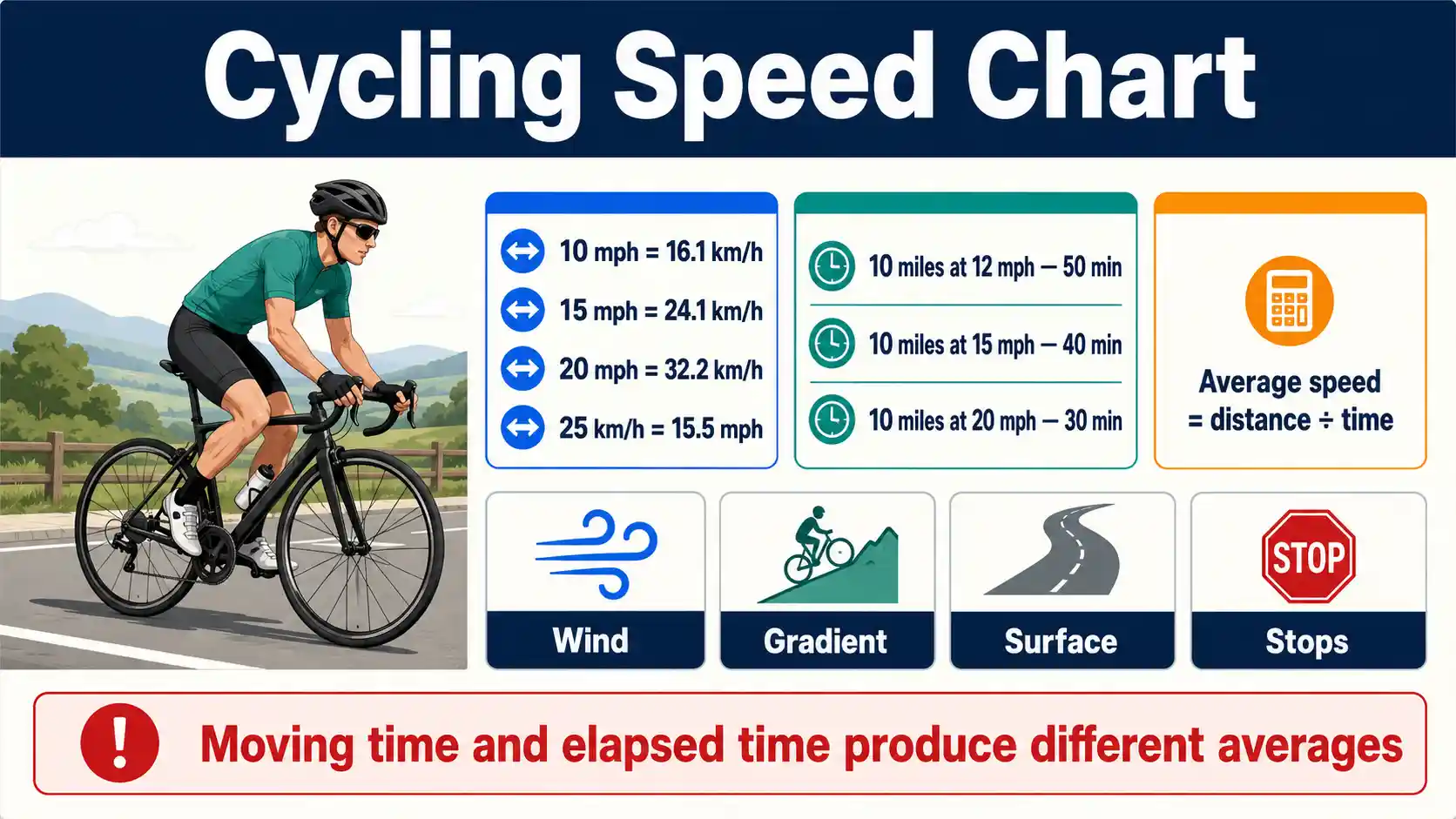 Cycling Speed Chart showing mph and km/h conversions, pace, ride times and road cycling conditions