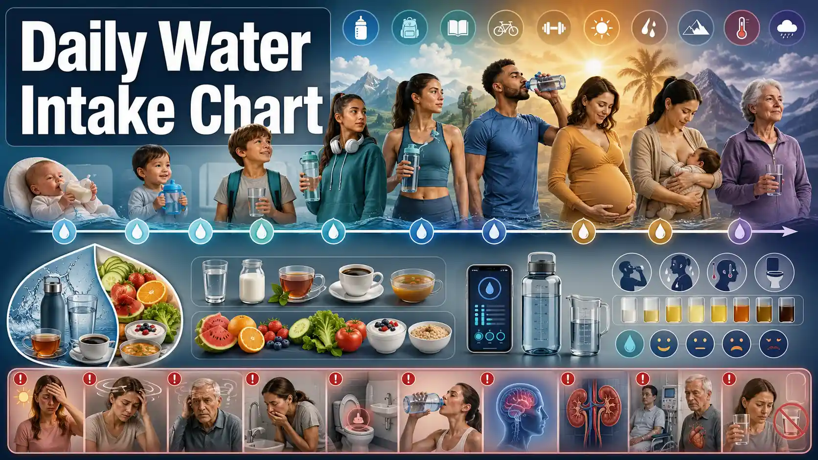 Daily Water Intake Chart showing total water references by age, sex, pregnancy, breastfeeding, exercise, heat, food moisture, and medical context