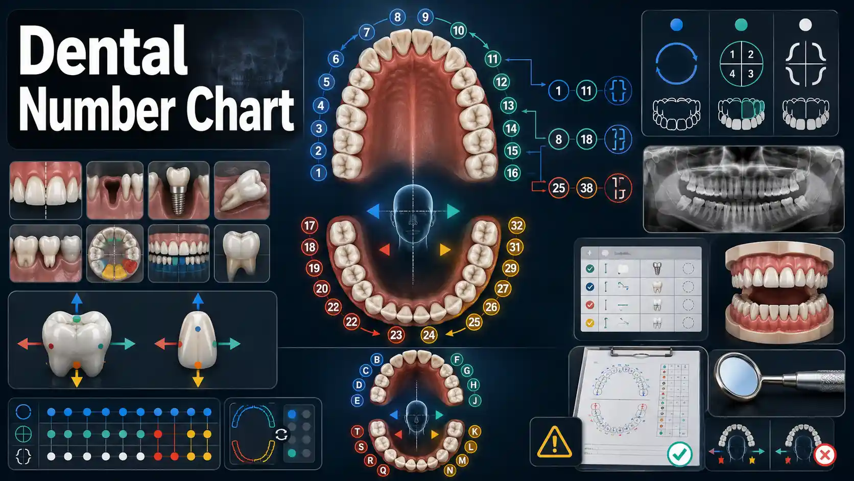 Dental Number Chart showing permanent and primary teeth across Universal, FDI, Palmer, and tooth-surface notation