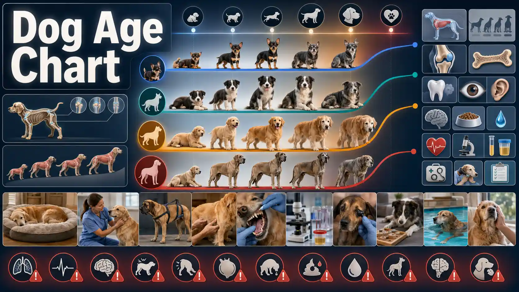Dog Age Chart showing puppy, adult and senior stages with small, medium, large and giant dogs
