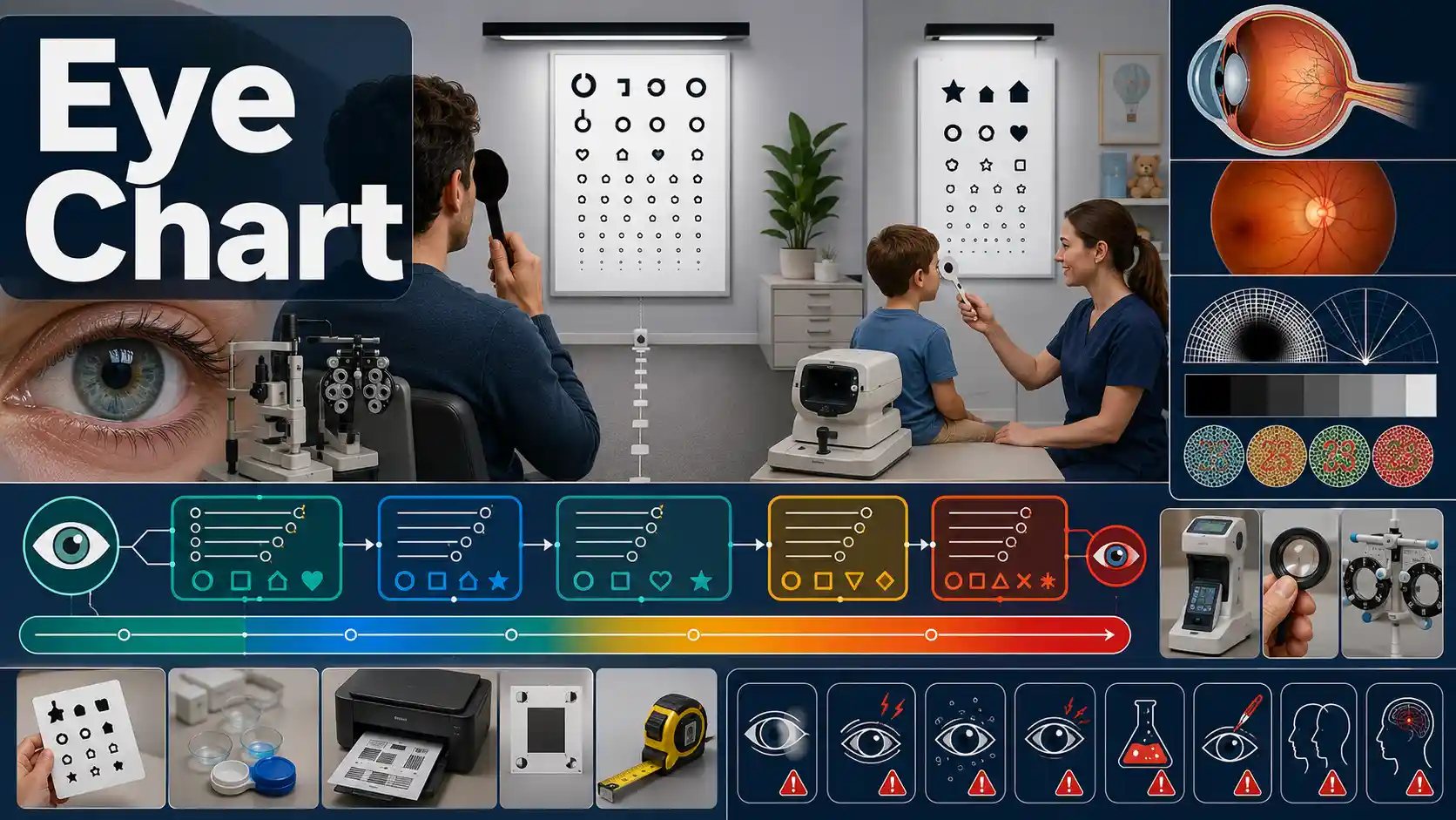 Eye Chart showing Snellen visual acuity, metric and logMAR conversions, child screening, testing distance, and eye-health limitations