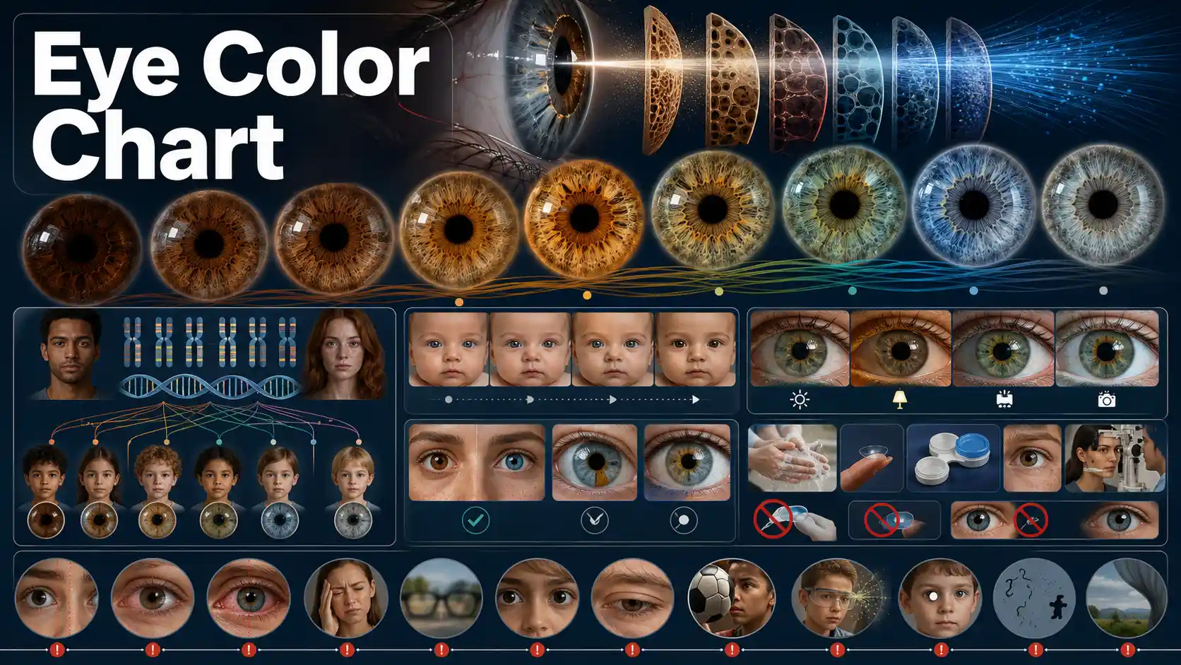 Eye Color Chart showing brown, amber, hazel, green, blue and gray iris shades
