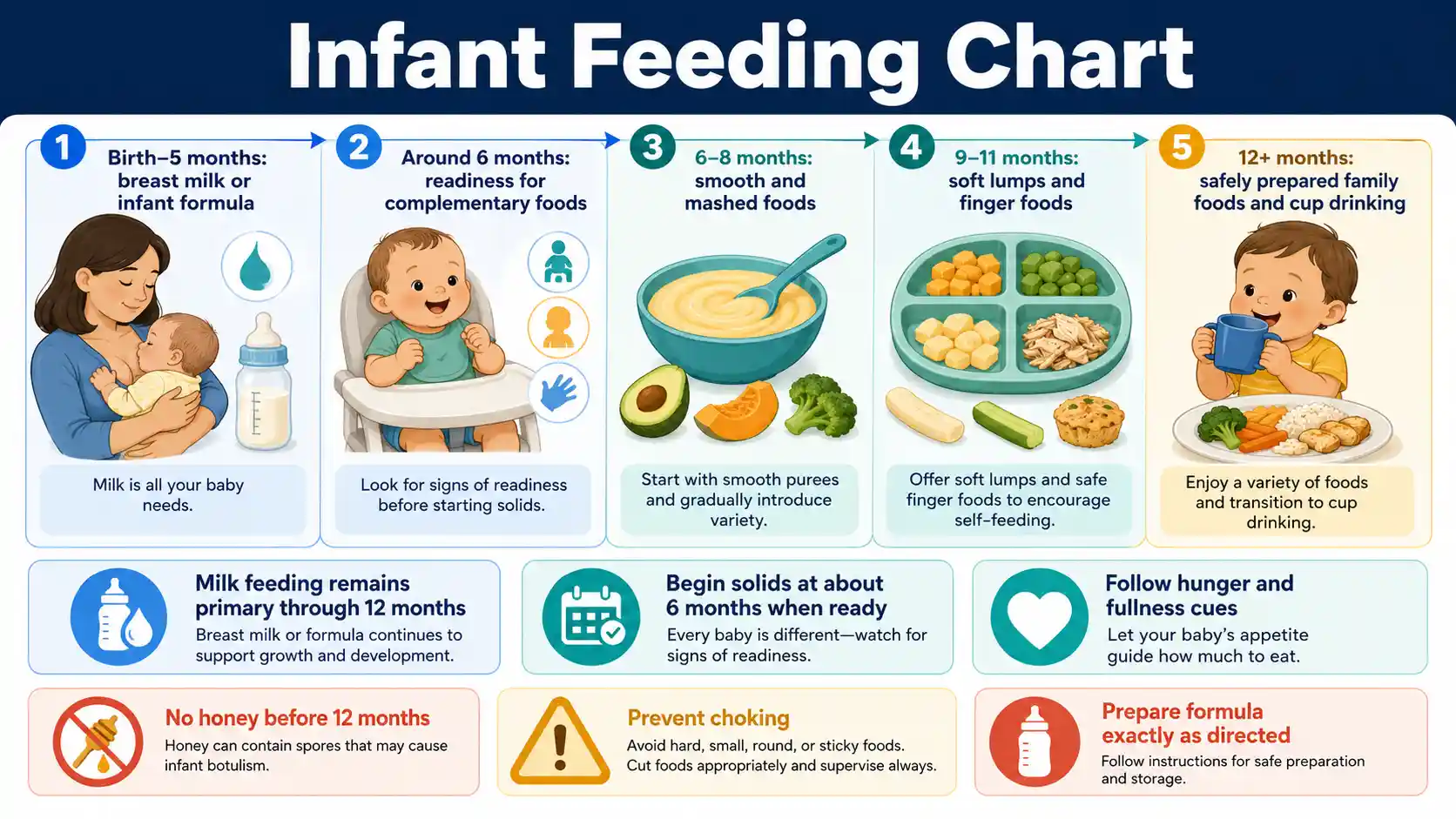 Infant Feeding Chart showing milk feeding, solid-food readiness, complementary foods, responsive feeding, and safety guidance by age